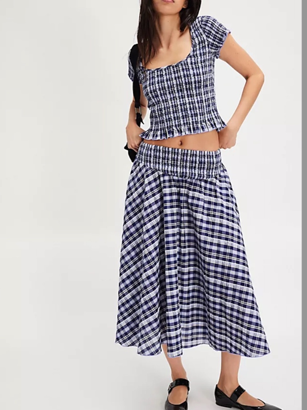 FREE PEOPLE BRAVEHEART Indigo MIDI PLAID SKIRT SET - 1 Flaw see description